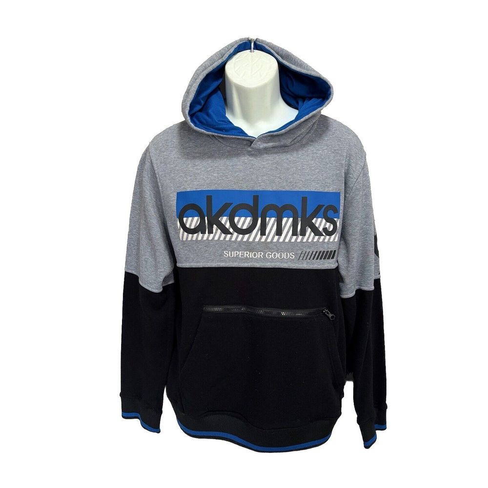 Akademiks Black/Blue Long Sleeve Pullover Hoodie Size M Logo Pocket